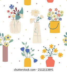 Seamless pattern with a collection of field and garden flowers. Flower vases. Floral pattern. Flat stock flat illustration.