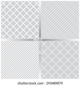 Seamless pattern. Collection of four classical simple textures. Regularly repeating geometrical elements, shapes, dashed lines, dots, diamonds, rhombuses. Backdrop. Vector element of graphic design