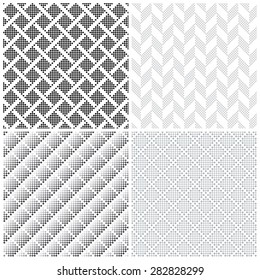 Seamless pattern. Collection of four simple pixel textures with small squares. Repeating geometric shapes, rhombuses, squares, rectangles. Monochrome. Backdrop. Web. Vector element of graphic design