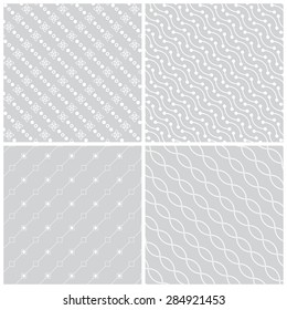 Seamless pattern. Collection of four simple diagonal textures. Repeating geometric shapes, stars, dots, arcs, lines, oval. Monochrome. Backdrop. Web. Vector element of graphic design
