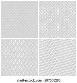 Seamless pattern. Collection of four simple classic textures. Regularly repeating geometric shapes, corners, dots, hexagons, zigzags. Monochrome. Backdrop. Web. Vector element of graphic design