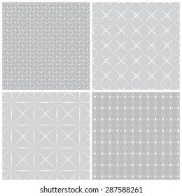 Seamless pattern. Collection of four stylish textures. Regularly repeating geometric shapes, rhombuses, dots, polygons. Monochrome. Backdrop. Web. Vector element of graphic design