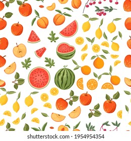 Seamless pattern collection of fresh raw fruits apple watermelon orange lemon cherry and peach vector illustration on white background