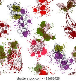Seamless pattern with collection of fruits and berries in watercolor style. Strawberries, cherries, currants, raspberries. Isolated elements. Vintage colorful hand drawn vector illustration