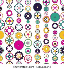 Seamless pattern with collection of gears. Colorful mechanical background. Vector illustration