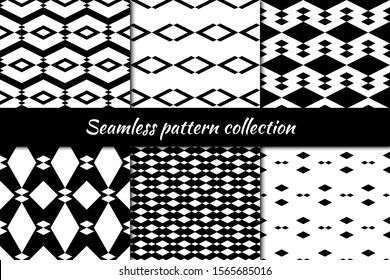 Seamless pattern collection. Geometrical design backgrounds set. Repeated rhombuses, diamonds, lozenges motif. Geo print kit. Ethnic ornaments. Vector scrapbook digital paper, abstract wallpaper