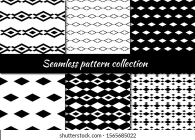 Seamless pattern collection. Geometrical design backgrounds set. Repeated rhombuses, diamonds, lozenges motif. Geo print kit. Ethnic ornaments. Vector scrapbook digital paper, abstract wallpaper