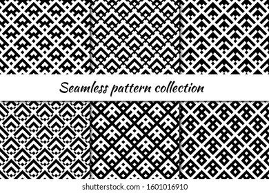 Seamless pattern collection. Geometrical design backgrounds set. Repeated scales, chevrons motif. Geo print kit. Classic oriental ethnic ornaments. Vector scrapbook digital paper, abstract wallpaper