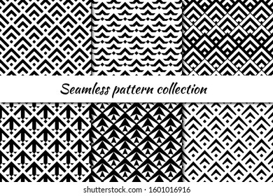 Seamless pattern collection. Geometrical design backgrounds set. Repeated scales, chevrons motif. Geo print kit. Classic oriental ethnic ornaments. Vector scrapbook digital paper, abstract wallpaper