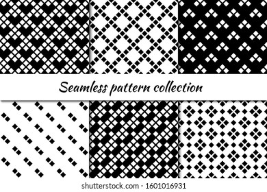 Seamless pattern collection. Geometrical design backgrounds set. Repeated rhombuses, diamonds, squares motif. Geo checks print kit. Ethnic ornaments. Vector scrapbook digital paper, abstract wallpaper