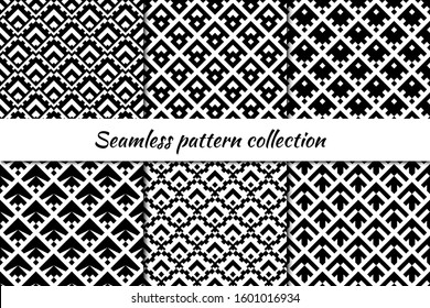 Seamless pattern collection. Geometrical design backgrounds set. Repeated scales, chevrons motif. Geo print kit. Classic oriental ethnic ornaments. Vector scrapbook digital paper, abstract wallpaper