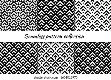 Seamless pattern collection. Geometrical design backgrounds set. Repeated scales, chevrons motif. Geo print kit. Classic oriental ethnic ornaments. Vector scrapbook digital paper, abstract wallpaper