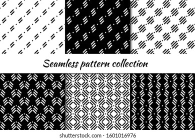 Seamless pattern collection. Geometrical design backgrounds set. Minimal geo print kit. Modern linear ornaments. Repeated mini lines, dashes motif. Vector scrapbook digital paper, abstract wallpaper