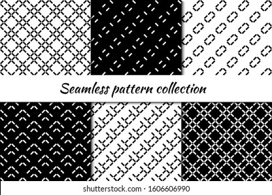 Seamless pattern collection. Geometrical design backgrounds set. Repeated dotted lines, mini squares motif. Geo checks print kit. Ethnic ornaments. Vector scrapbook digital paper, abstract wallpaper