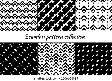 Seamless pattern collection. Geometrical design backgrounds set. Repeated scales, chevrons, diagonal lines motif. Geo print kit. Ethnic ornaments. Vector scrapbook digital paper, abstract wallpaper