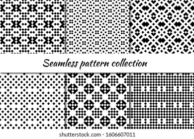 Seamless pattern collection. Geometrical design backgrounds set. Cross stitch eclectic embroidery style ornaments. Geo print kit. Ethnic motif. Vector scrapbook digital paper, abstract wallpaper