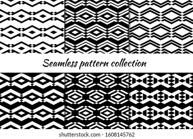 Seamless pattern collection. Geometrical design backgrounds set. Repeated rhombuses, diamonds, lozenges motif. Geo print kit. Ethnic ornaments. Vector scrapbook digital paper, abstract wallpaper