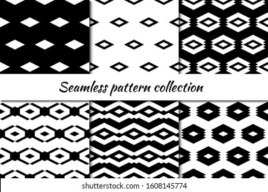 Seamless pattern collection. Geometrical design backgrounds set. Repeated rhombuses, diamonds, lozenges motif. Geo print kit. Ethnic ornaments. Vector scrapbook digital paper, abstract wallpaper