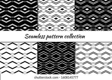 Seamless pattern collection. Geometrical design backgrounds set. Repeated rhombuses, diamonds, lozenges motif. Geo print kit. Ethnic ornaments. Vector scrapbook digital paper, abstract wallpaper