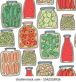 Seamless pattern with collection of glass jars with homemade canning. Autumn marinate food. Healthy meal set. Hand-drawn cartoon illustration.