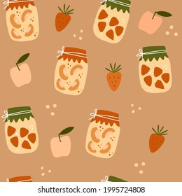 Seamless pattern with collection of glass jars with homemade canning. Autumn marinate food. Healthy meal set. Hand drawn vector illustration.