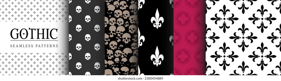 Seamless Pattern Collection of Gothic Designs from 90's. Cathedral and medieval textile graphics. Halloween decorative background. Vintage vector illustrations goth rock aesthetic. Fantasy ornaments.