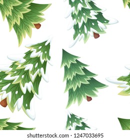 Seamless pattern. Collection of green spruce trees. Evergreen flat style. Christmas tree in the snow. Vector illustration on white background.