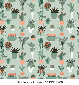 Seamless pattern with collection of hand drawn indoor house plants. Collection of potted plants. Colorful flat vector illustration