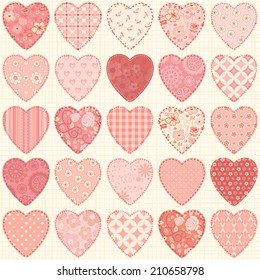 Seamless pattern with collection hearts in vintage patchwork style.