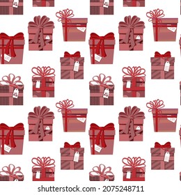 Seamless pattern from collection of holiday gifts, set of different boxes. Vector illustration in a flat style.