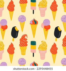 Patrón inmaculado con colección helado en un estilo de dibujos animados brillantes. Vector plano de helado en colores agradables	