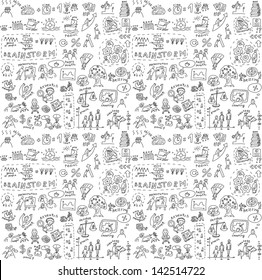 Seamless pattern with collection of icons and symballs with hand-drawn doodles people. Good design elements for funny presentation. Black and white vector illustration.