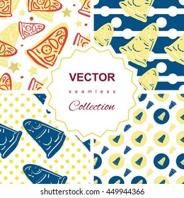 Seamless pattern collection of italian pizza with salami, pepperoni, basil and tomatoes on striped background in pop art style