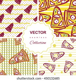 Seamless pattern collection of italian pizza with salami, pepperoni, basil and tomatoes on striped background in pop art style