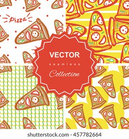 Seamless pattern collection of italian pizza with salami, pepperoni, basil and tomatoes on striped background in pop art style