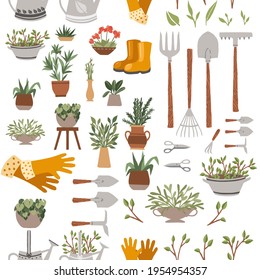 Seamless pattern collection of items for gardening various gardening tools vector illustration on white background