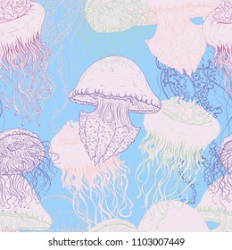 Seamless pattern with collection of jellyfish. Marine fauna in pastel colors. Concept design for print, poster, invitation, fabric. Vector illustration 