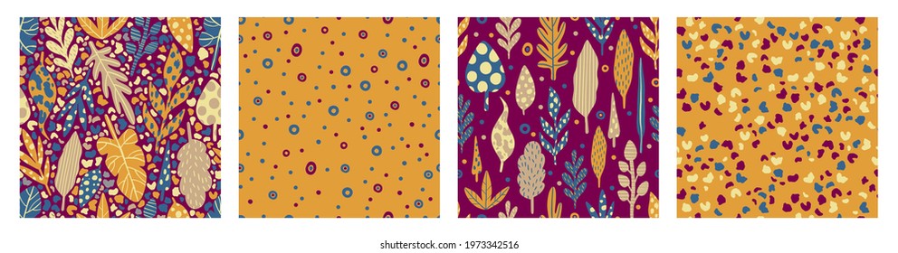 Seamless pattern collection leaves plant green color.Floral motif nature abstract print.Modern summer background.Vector illustration.