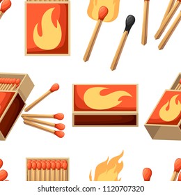 Seamless pattern. Collection of matches. Burning match with fire, opened matchbox, burnt matchstick. Flat design style. Vector illustration on white background.