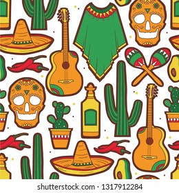 Seamless pattern with collection of mexican symbols, hand drawn background. Colorful overlapping backdrop with mexico and culture icons set. Mexican party. Decorative wallpaper, good for printing
