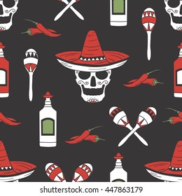 Seamless pattern with collection of mexican symbols, hand drawn background. Colorful backdrop with mexico icon and culture icon set vector. Mexican party, wallpaper design