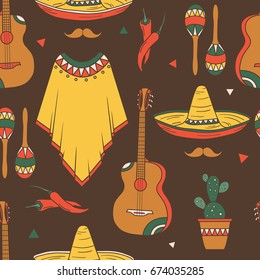 Seamless pattern with collection of mexican symbols, hand drawn background. Colorful overlapping backdrop with mexico icon and culture icon set. Mexican party. Decorative wallpaper, good for printing