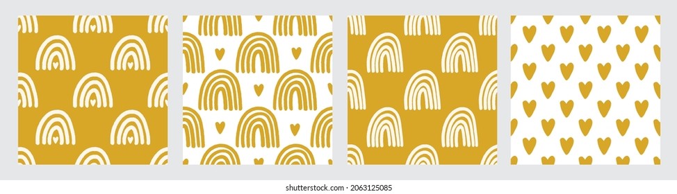 Seamless pattern collection with modern magic rainbows. Hand drawn boho nursery rainbow vector illustration. Print for textile, kids and baby clothes, digital paper wrapping, fabric, wallpaper.