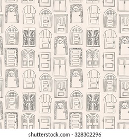 Seamless pattern. Collection of old door icon, isolated illustration vector. Set with close up wooden door. Simple design