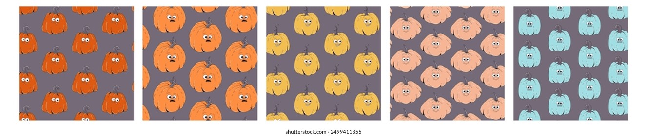 Seamless pattern collection on Happy Halloween theme. Retro groovy character pumpkin with creepy and skary face. Contemporary vector illustration on gray background.