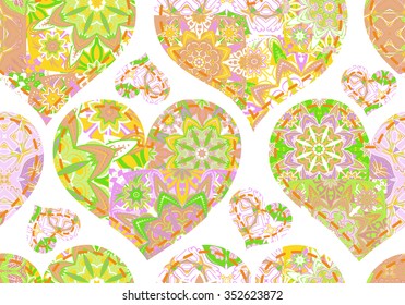Seamless pattern with collection pastel hearts in vintage patchwork style.