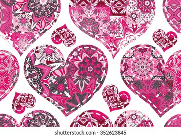 Seamless pattern with collection pink and gray hearts in vintage patchwork style.