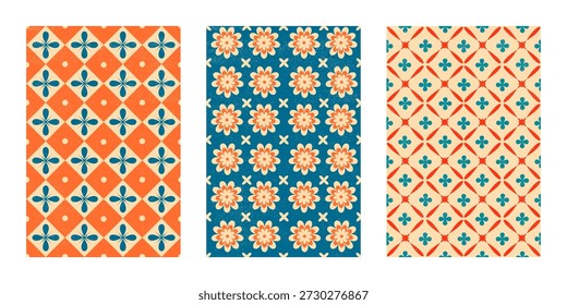 Colección de patrón sin fisuras en estilo retro. Ornamento de Antiguas. Patrón repetido con Elementos florales y geométricos.70`s.Decoraciones para papel de regalo, textil, tela, fondos. Ilustración vectorial. 