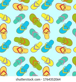 Seamless pattern collection of rubber multi-colored flip flops with a marine pattern: whales, seahorses, shells, fish, crayfish, flip flops for everyday walking, for the beach, for hot weather vector 