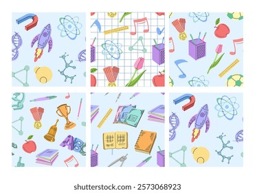 Seamless pattern collection with school and science elements on blue background

